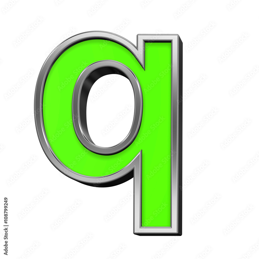 One lower case letter from green with silver frame alphabet set, isolated on white. 3D illustration. One lower case letter from green with silver frame alphabet set, isolated on white. 3D illustration.