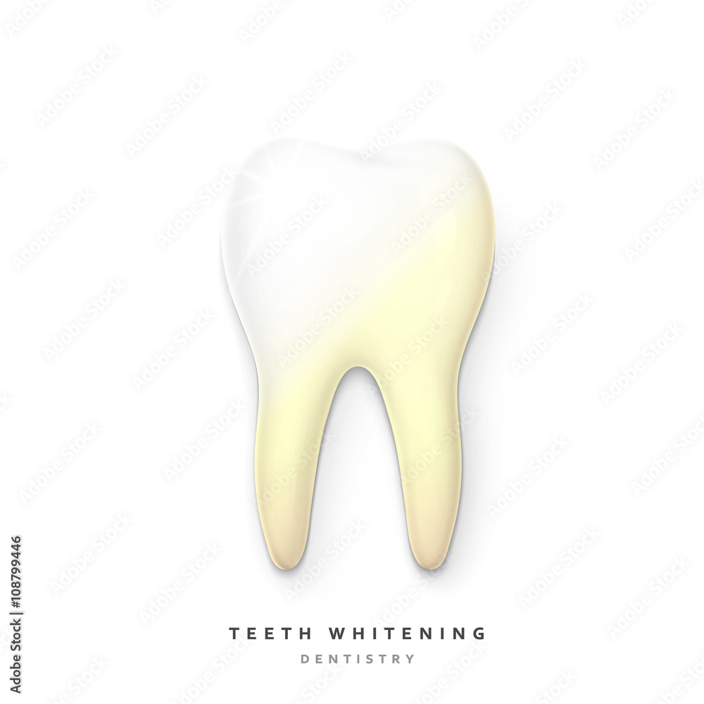 Realistic tooth isolated on a white background. White tooth for dental  services. Tooth 3D. Tooth with a transparent shade. Molar. Teeth whitening.  Tooth for a banner. Yellow teeth . teeth whitening Stock