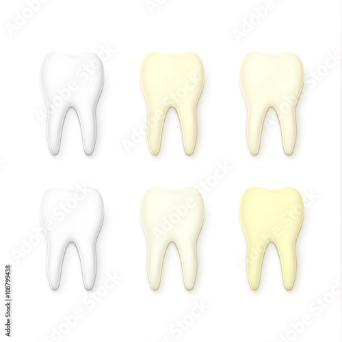 Set of 6 teeth realistic isolated on white background . White tooth for dental services. Yellow teeth . Tooth with tooth decay. Molar. Teeth whitening . Tooth for a banner . Sick tooth.