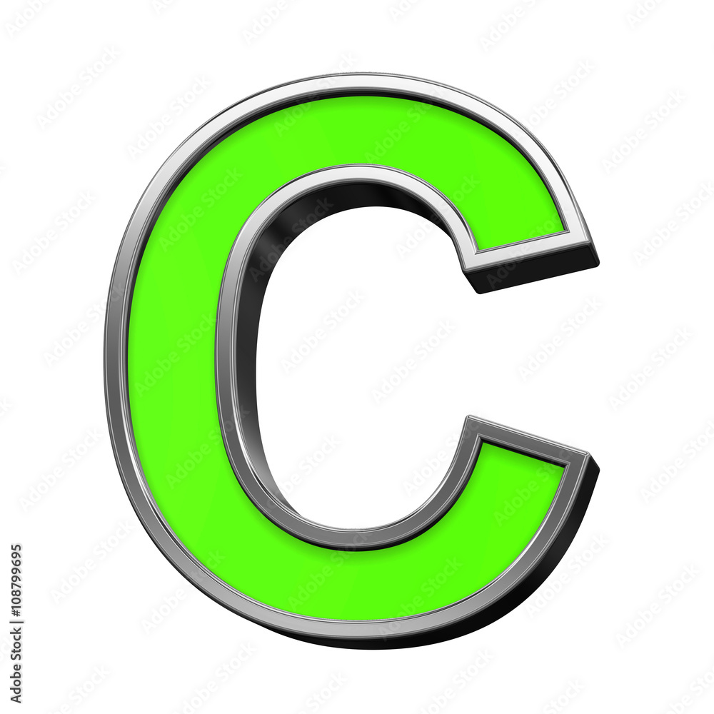 One letter from green with silver frame alphabet set, isolated on white. 3D illustration. One letter from green with silver frame alphabet set, isolated on white. 3D illustration.