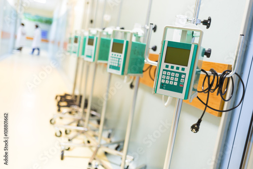 Infusion pumps in a hospital corridor