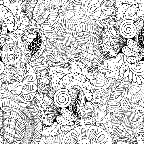 Tracery seamless calming pattern. Mehndi design. Neat even monochrome binary harmonious texture. Algae sea motif. Ethnically indifferent. Ambiguous usable bracing, curved doodling mehendi. Vector.