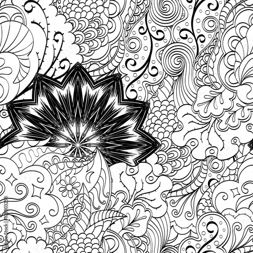 Tracery seamless calming pattern. Mehndi design. Neat even monochrome binary harmonious texture. Algae sea motif. Ethnically indifferent. Ambiguous usable bracing, curved doodling mehendi. Vector.