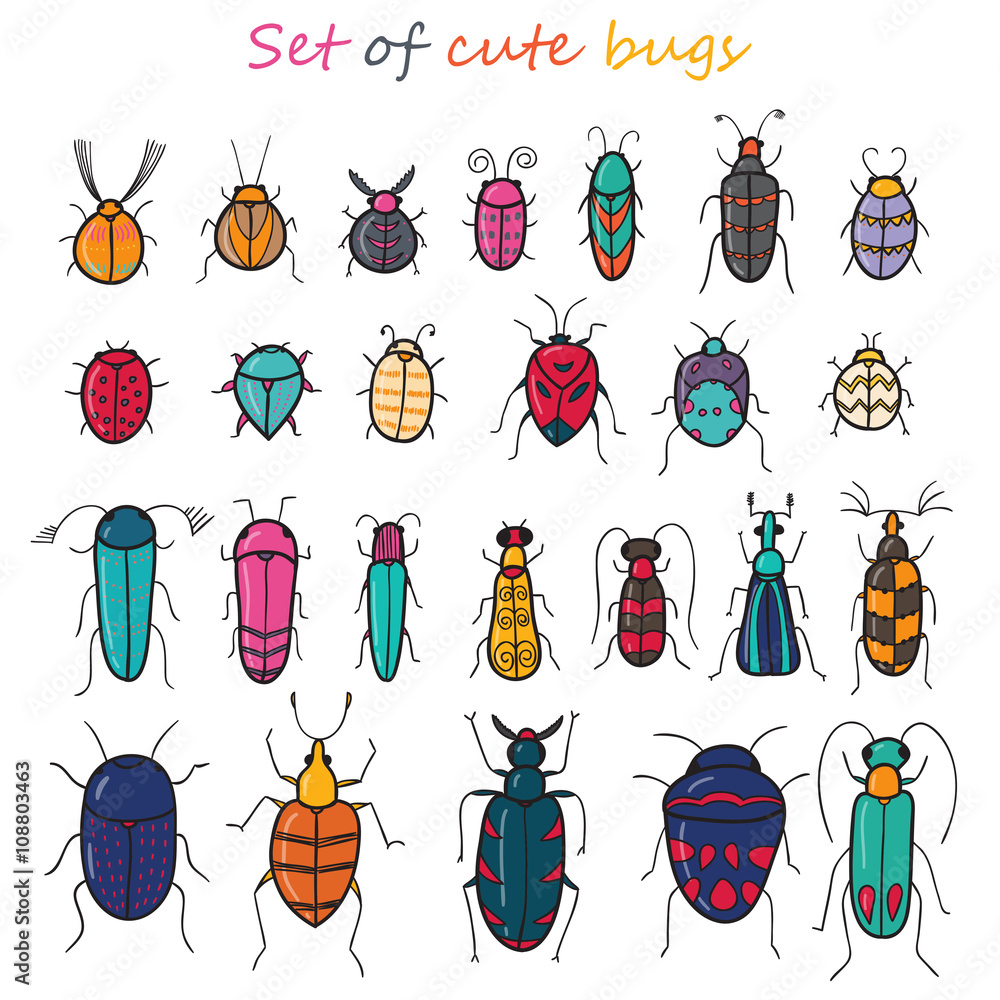Obraz premium Set of 25 cute color cartoon insects in vector. Bugs doodle
