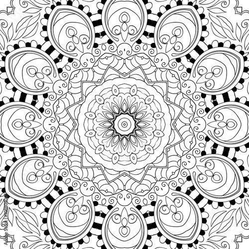 Tracery binary monochrome pattern. Mehendi carpet design. Neat even harmonious calming doodle texture. Also seamless. Indifferent discreet. Ambitious bracing usable, curved doodling mehndi. Vector.
