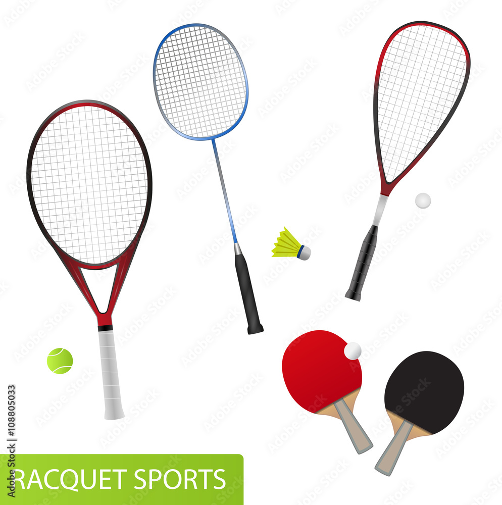Set of racquet sports - equipment for tennis, table tennis, badminton and  squash - rackets and balls Stock Vector | Adobe Stock