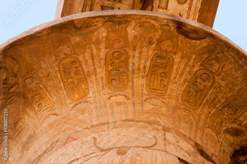 Details of magnificent columns of the Great Hypostyle Hall at the Temples of Karnak (ancient Thebes), Luxor, Egypt