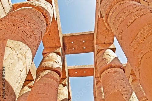 Magnificent columns of the Great Hypostyle Hall at the Temples of Karnak (ancient Thebes). Luxor, Egypt