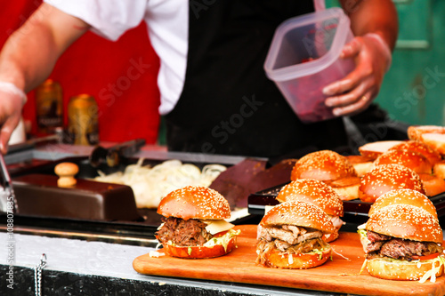 street food. burger with salad and meat, fast food