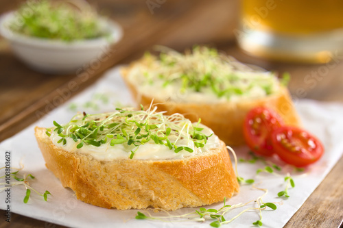 Baguette slices spread with cream cheese and sprinkled with alfalfa sprouts  on sandwich paper (Selective Focus, Focus on the front of the cream cheese and sprouts on the first baguette slice)