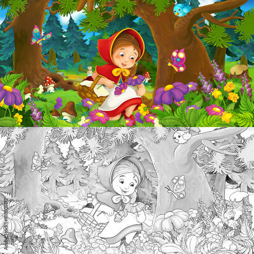 Fototapeta Naklejka Na Ścianę i Meble -  Cartoon scene on a happy girl inside colorful forest - with coloring page - illustration for children