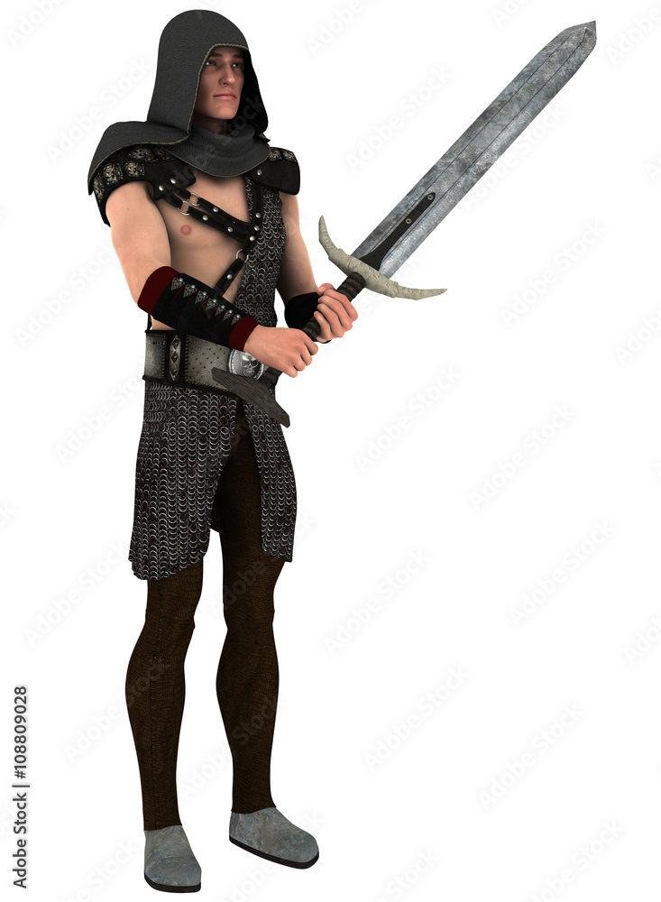 Young handsome guard holding his sword isolated on white background. 3d illustration Young handsome guard holding his sword isolated on white background. 3d illustration