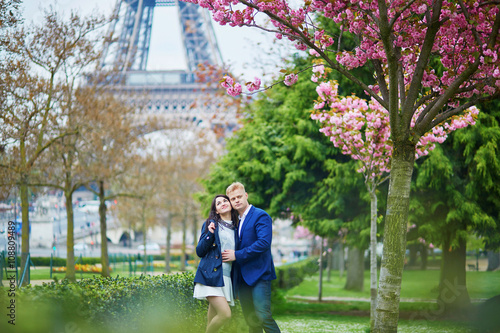Romantic couple in Paris on a spring day