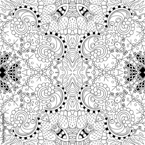 Tracery seamless calming pattern. Mehndi design. Neat even monochrome binary harmonious texture. Algae sea motif. Ethnically indifferent. Ambiguous usable bracing, curved doodling mehendi. Vector.