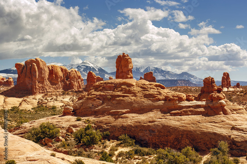 red rock formations and snowy mountains on background