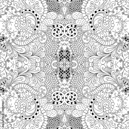 Tracery seamless calming pattern. Mehndi design. Neat even monochrome binary harmonious texture. Algae sea motif. Ethnically indifferent. Ambiguous usable bracing, curved doodling mehendi. Vector.