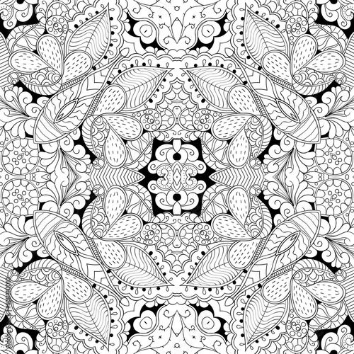 Tracery seamless calming pattern. Mehndi design. Neat even monochrome binary harmonious texture. Algae sea motif. Ethnically indifferent. Ambiguous usable bracing, curved doodling mehendi. Vector.