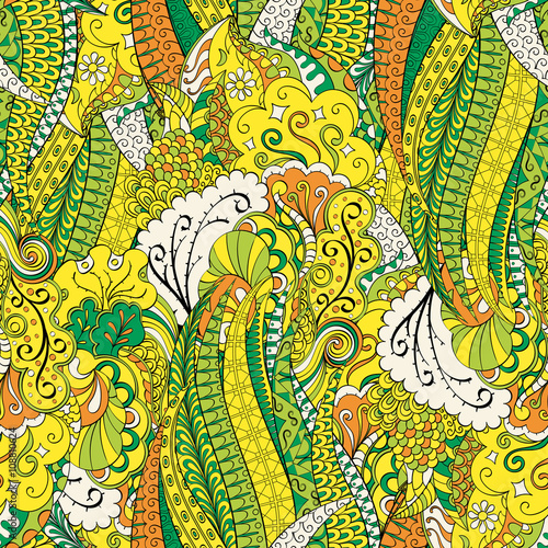 Tracery seamless calming pattern. Mehendi design. Colorful harmonious doodle texture. Curved doodling mehndi. Vector.