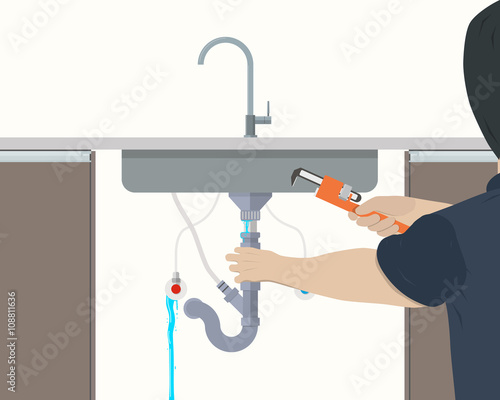Plumber repairing leaking pipe under the kitchen sink. Vector illustration

