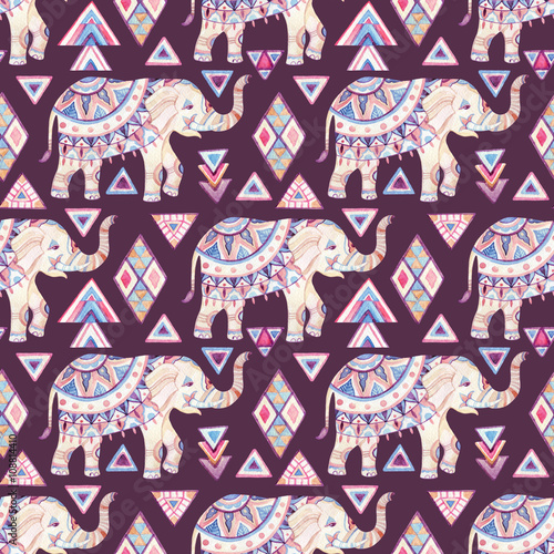 Indian ornate elephant watercolor with tribal elements seamless pattern