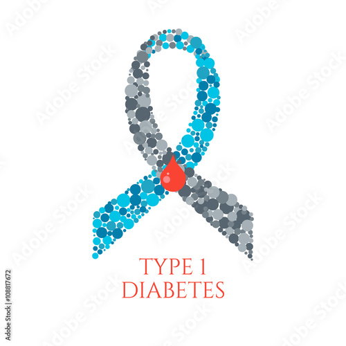 Diabetes Type 1 awareness symbol. Blue and grey ribbon made of circles with a drop of blood on white background. Diabetes symbol. Diabetes type one sign. Vector illustration.
