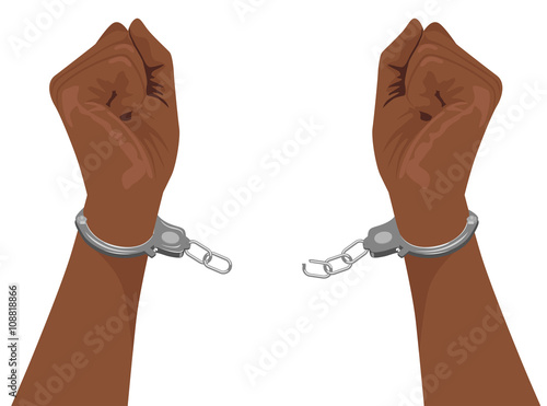 hands of african american man breaking steel handcuffs