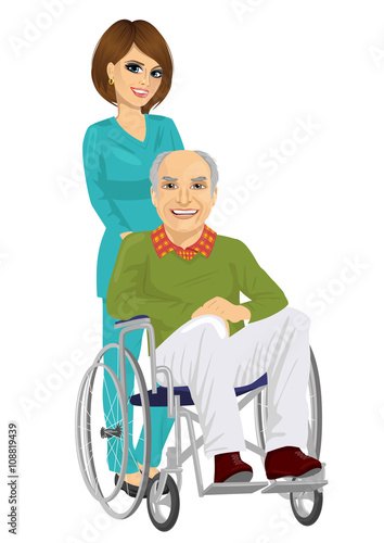 senior patient in wheelchair with beautiful young nurse