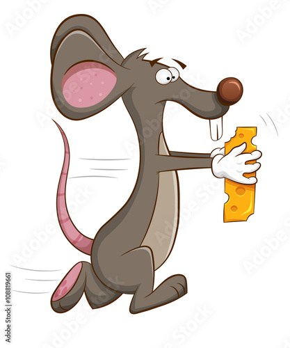 Mouse runs off with piece of cheese in his hands.