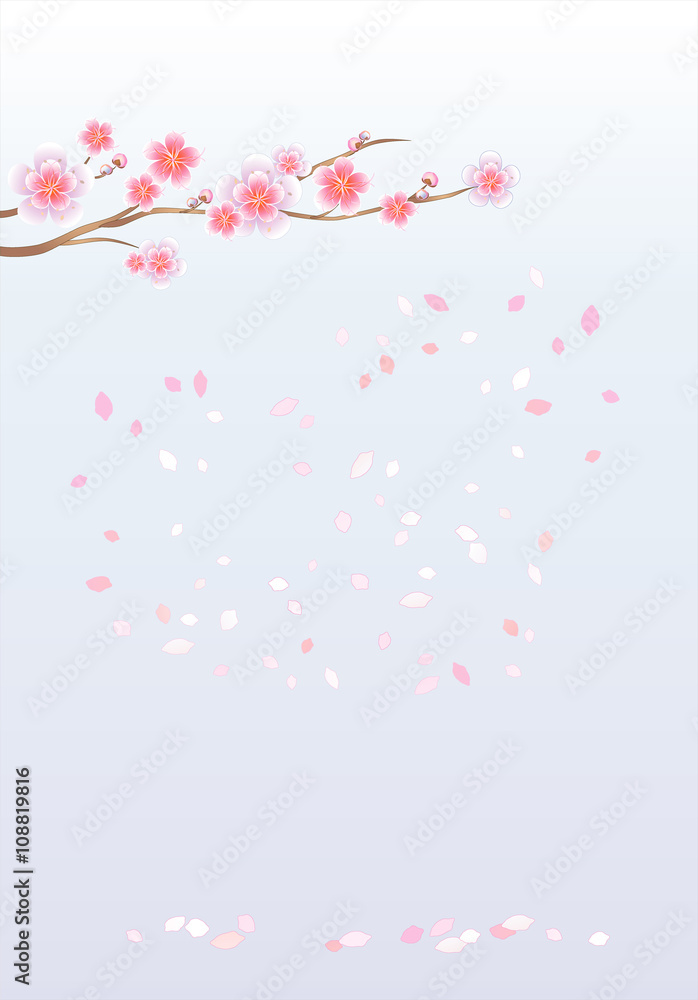 Naklejka premium Branch of sakura with flowers. Cherry blossom branch with flying petals. Vector 