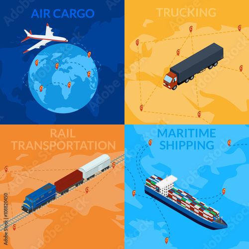Vector illustration. Global supply chain. Logistics. 3D, isometry, infografia. Set icons - cargo train, ship, truck, cargo plane.