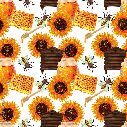 Seamless food pattern with honey combs, hive, bee, wooden stick and sunflower. Hand drawn natural organic eco honey vector background. Perfect for wallpapers, pattern fills, surface textures, textile