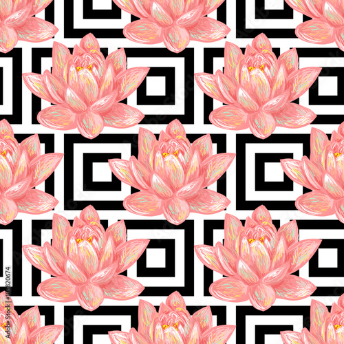 Fototapeta Naklejka Na Ścianę i Meble -  Seamless floral pattern background with tropical pink lotus flower vector background. Perfect for wallpapers, pattern fills, web page backgrounds, surface textures, textile