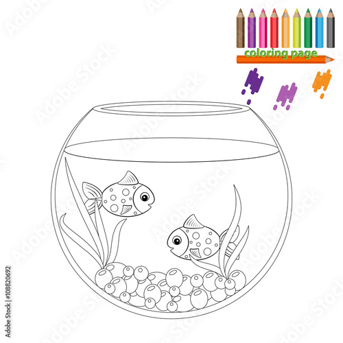 Coloring page. Two fishes in the round aquarium
