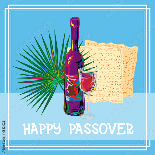 Happy Passover background traditional matzo and wine, palm leaf symbols of Jewish holiday photo