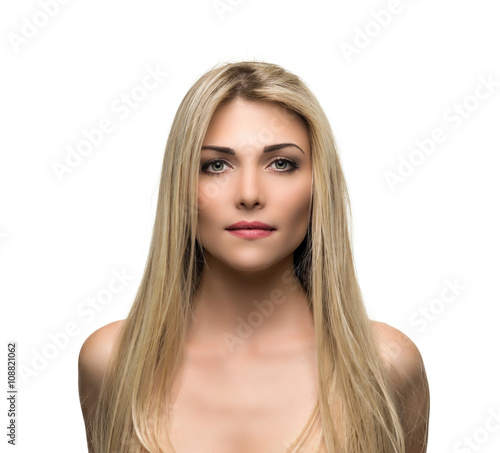 Beautiful woman with long straight blond hair.