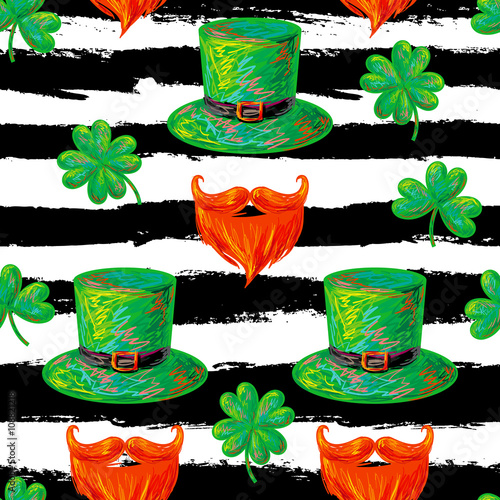 Seamless pattern with green clover and leprechaun with a symbolic green hat and bushy red beard. Happy St. Patrick's Day. Party Design vector illustration