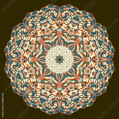 Ray edge mandala tracery wheel mehendi  design. Tracery calming ornament. Neat even colorful harmonious doodle texture. Indifferent discreet. Ambitious bracing usable doodling mehndi pattern. Vector.