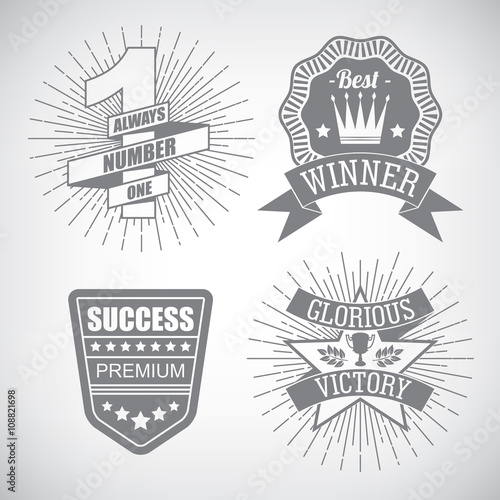 Set of hipster emblem about design number one first place winner ribbon. Monochrome graphic style