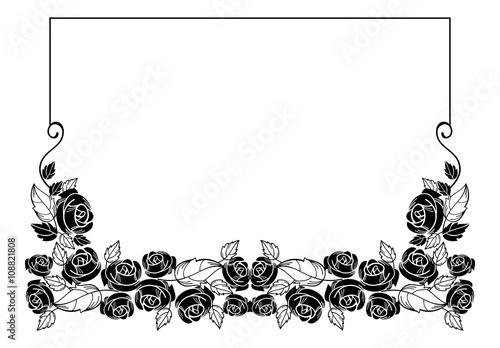 Vintage horizontal floral frame with roses silhouette. Black and white vector design element for advertisements, flyer, web, wedding and other invitations or greeting cards.