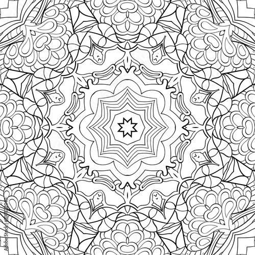 Tracery binary monochrome pattern. Mehendi carpet design. Neat even harmonious calming doodle texture. Also seamless. Indifferent discreet. Ambitious bracing usable, curved doodling mehndi. Vector.