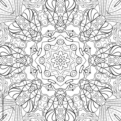 Tracery binary monochrome pattern. Mehendi carpet design. Neat even harmonious calming doodle texture. Also seamless. Indifferent discreet. Ambitious bracing usable, curved doodling mehndi. Vector.