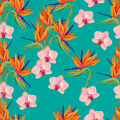 Fototapeta Naklejka Na Ścianę i Meble -  Seamless summer pattern with orchid and bird of paradise flowers vector background. Perfect for wallpapers, pattern fills, web page backgrounds, surface textures, textile