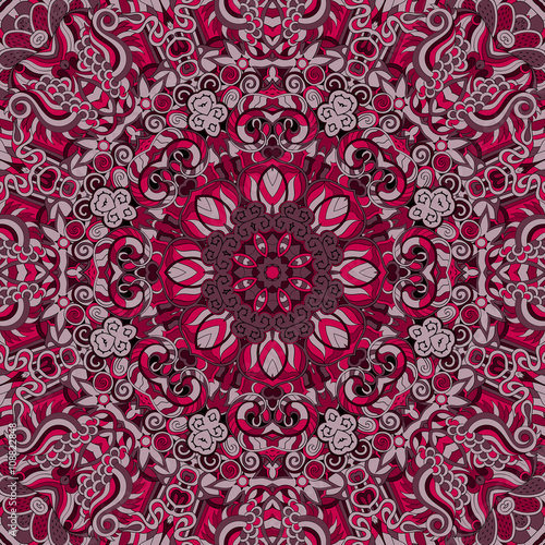 Tracery dark red pattern. Mehendi carpet design. Neat even harmonious calming doodle texture. Also seamless. Indifferent discreet. Ambitious bracing usable, curved doodling mehndi. Vector.