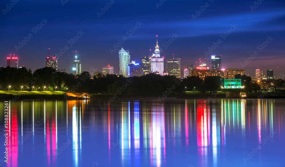 View of downtown Warsaw from the Vistula night
