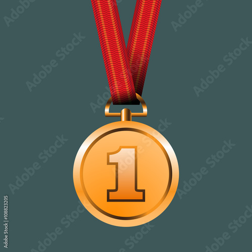 Vector gold medal on red ribbon conceptual of an award for victory winning first placement achievement or quality