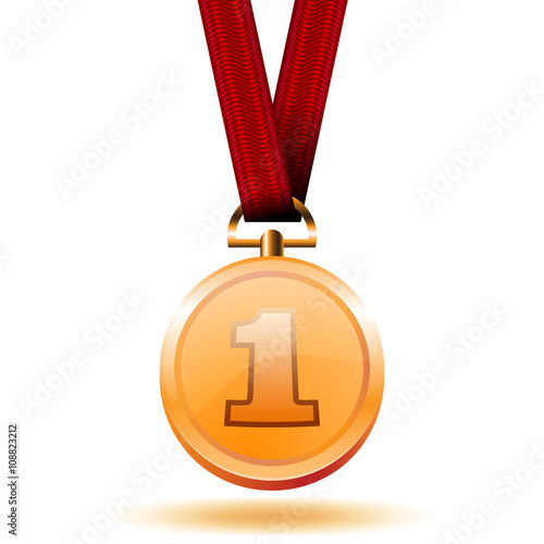 Vector gold medal on red ribbon conceptual of an award for victory winning first placement achievement or quality