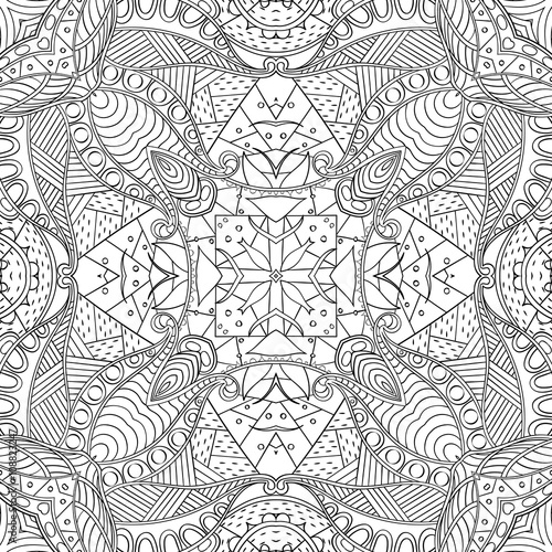 Tracery binary monochrome pattern. Mehendi carpet design. Neat even harmonious calming doodle texture. Also seamless. Indifferent discreet. Ambitious bracing usable, curved doodling mehndi. Vector.
