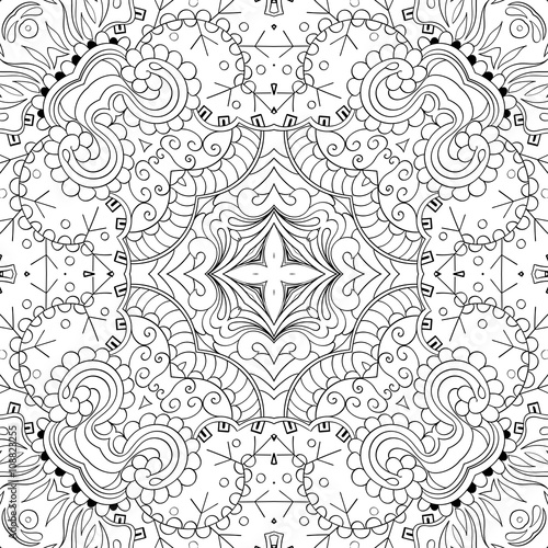 Tracery binary monochrome pattern. Mehendi carpet design. Neat even harmonious calming doodle texture. Also seamless. Indifferent discreet. Ambitious bracing usable, curved doodling mehndi. Vector.