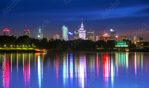 View of downtown Warsaw from the Vistula night