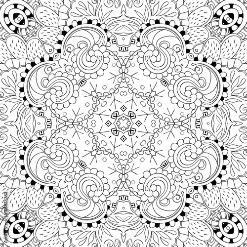 Tracery binary monochrome pattern. Mehendi carpet design. Neat even harmonious calming doodle texture. Also seamless. Indifferent discreet. Ambitious bracing usable, curved doodling mehndi. Vector.